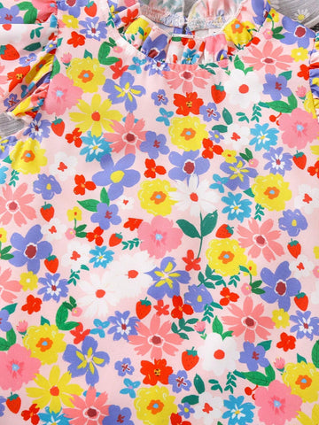 Young Girl's Floral Print Flying Sleeve Vacation Shirt