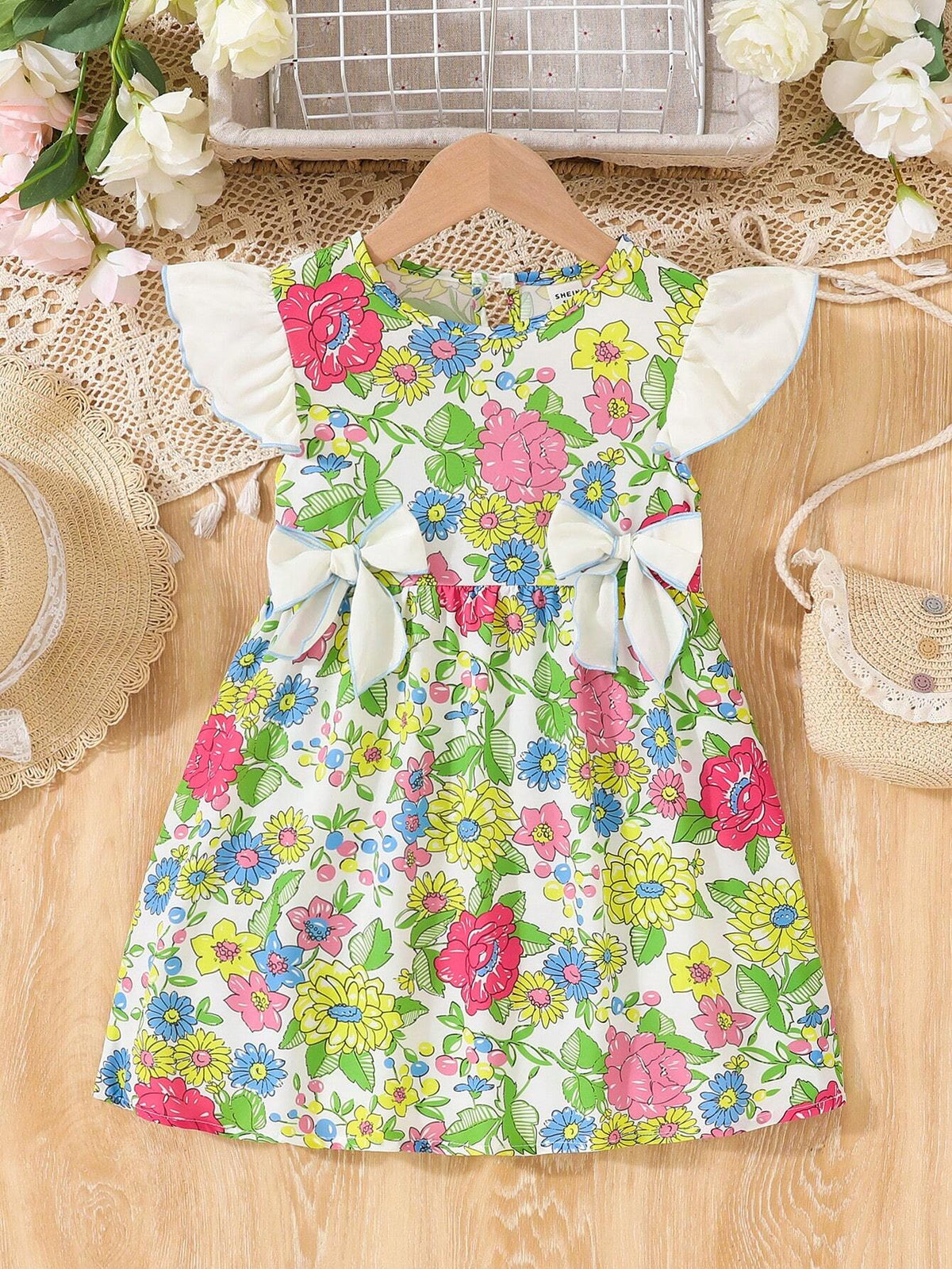 Young Girl's Floral Print Kimono Sleeve Dress, Vacation Style