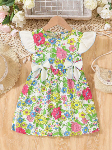 Young Girl's Floral Print Kimono Sleeve Dress, Vacation Style