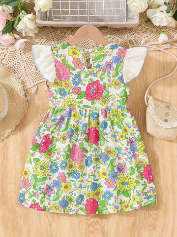 Young Girl's Floral Print Kimono Sleeve Dress, Vacation Style