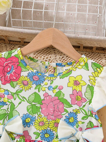 Young Girl's Floral Print Kimono Sleeve Dress, Vacation Style