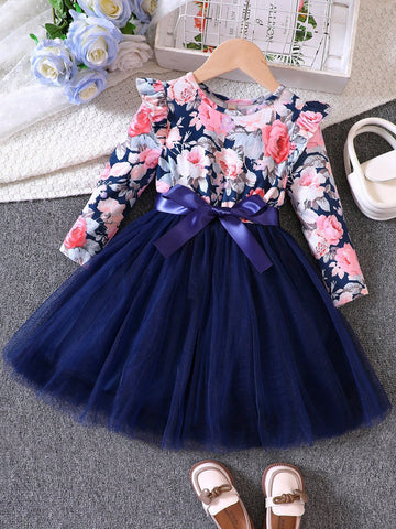 Young Girls Floral Print Long Sleeve Mesh Patchwork Casual Dress, Spring/Autumn