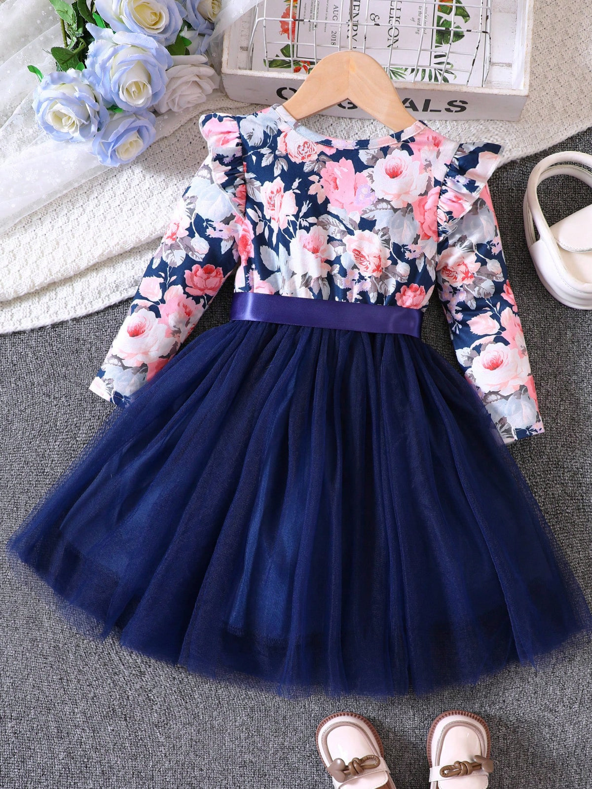 Young Girls Floral Print Long Sleeve Mesh Patchwork Casual Dress, Spring/Autumn