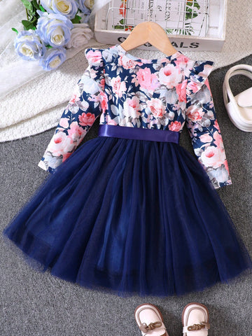 Young Girls Floral Print Long Sleeve Mesh Patchwork Casual Dress, Spring/Autumn