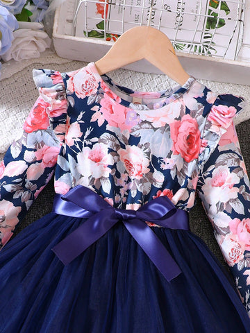 Young Girls Floral Print Long Sleeve Mesh Patchwork Casual Dress, Spring/Autumn