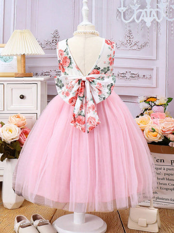 Young Girls' Floral Print Mesh Patchwork Dress With Bow Detail And Pink Color