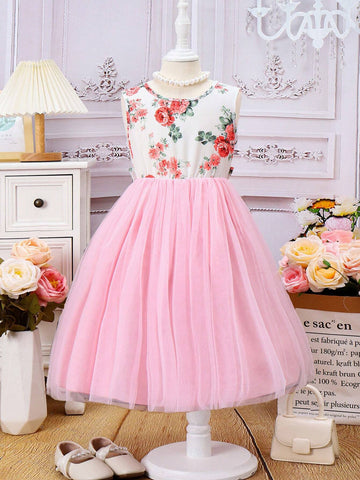 Young Girls' Floral Print Mesh Patchwork Dress With Bow Detail And Pink Color