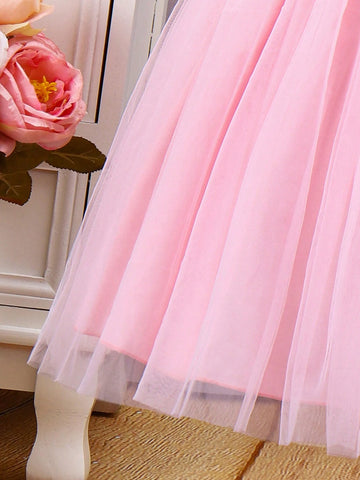 Young Girls' Floral Print Mesh Patchwork Dress With Bow Detail And Pink Color