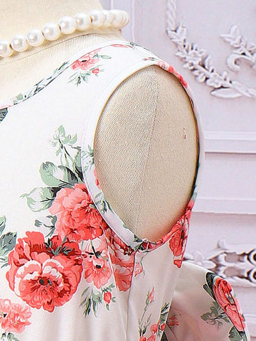 Young Girls' Floral Print Mesh Patchwork Dress With Bow Detail And Pink Color
