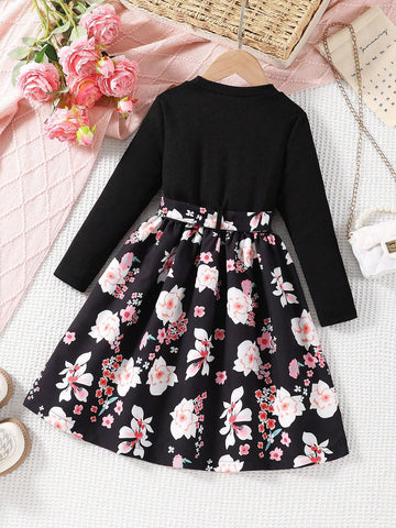 Young Girls Floral Print Round Neck Long Sleeve Elastic Waist A-Line Dress, Slim Fit, Black, Spring/Autumn