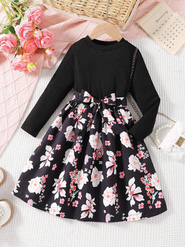 Young Girls Floral Print Round Neck Long Sleeve Elastic Waist A-Line Dress, Slim Fit, Black, Spring/Autumn