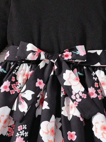 Young Girls Floral Print Round Neck Long Sleeve Elastic Waist A-Line Dress, Slim Fit, Black, Spring/Autumn
