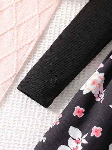 Young Girls Floral Print Round Neck Long Sleeve Elastic Waist A-Line Dress, Slim Fit, Black, Spring/Autumn