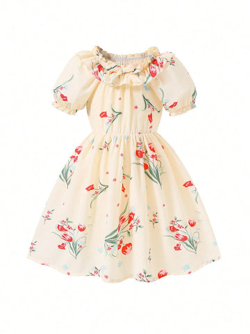 Young Girls' Floral Print Round Neck Puff Sleeve Dress
