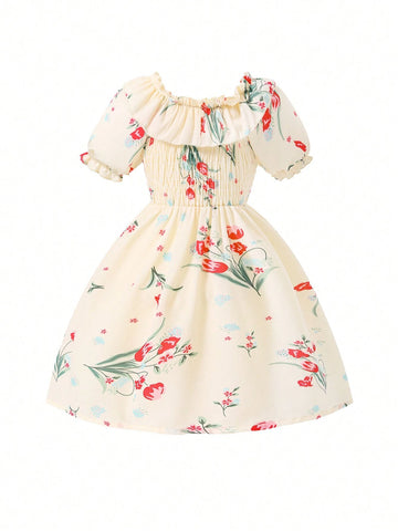 Young Girls' Floral Print Round Neck Puff Sleeve Dress