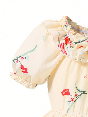 Young Girls' Floral Print Round Neck Puff Sleeve Dress