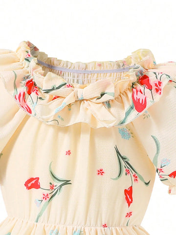 Young Girls' Floral Print Round Neck Puff Sleeve Dress