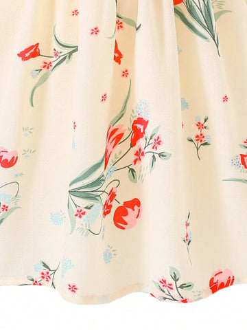 Young Girls' Floral Print Round Neck Puff Sleeve Dress