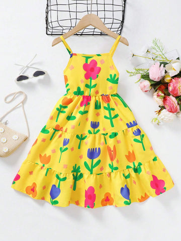 Young Girls Floral Print Ruffle Hem Cami Dress