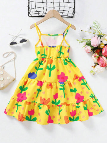 Young Girls Floral Print Ruffle Hem Cami Dress