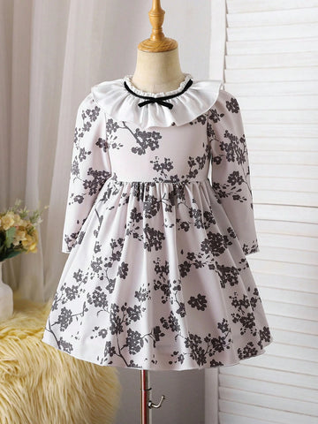 Young Girls Floral Print Ruffled Long Sleeve Dress With Bow Decor, Graceful School Style Outfit For Party, Birthday, Anniversary, Spring & Autumn