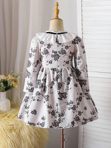 Young Girls Floral Print Ruffled Long Sleeve Dress With Bow Decor, Graceful School Style Outfit For Party, Birthday, Anniversary, Spring & Autumn