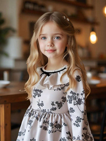Young Girls Floral Print Ruffled Long Sleeve Dress With Bow Decor, Graceful School Style Outfit For Party, Birthday, Anniversary, Spring & Autumn