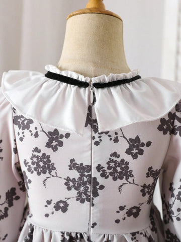 Young Girls Floral Print Ruffled Long Sleeve Dress With Bow Decor, Graceful School Style Outfit For Party, Birthday, Anniversary, Spring & Autumn