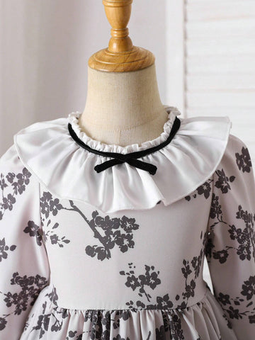 Young Girls Floral Print Ruffled Long Sleeve Dress With Bow Decor, Graceful School Style Outfit For Party, Birthday, Anniversary, Spring & Autumn