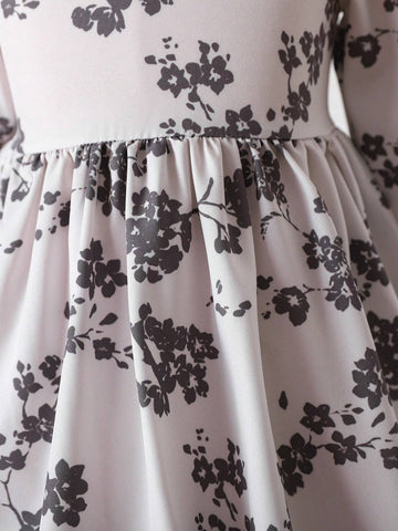 Young Girls Floral Print Ruffled Long Sleeve Dress With Bow Decor, Graceful School Style Outfit For Party, Birthday, Anniversary, Spring & Autumn