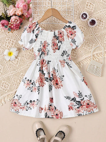 Young Girls' Floral Print Short Sleeve A-Line Dress With Pockets For Summer