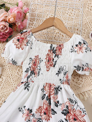 Young Girls' Floral Print Short Sleeve A-Line Dress With Pockets For Summer