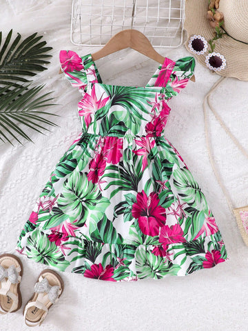 Young Girls' Floral Print Slip Dress With Puff Sleeves, Vacation Style, Spring/Summer
