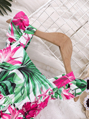 Young Girls' Floral Print Slip Dress With Puff Sleeves, Vacation Style, Spring/Summer