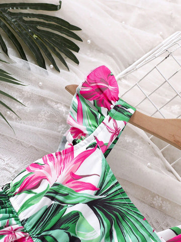 Young Girls' Floral Print Slip Dress With Puff Sleeves, Vacation Style, Spring/Summer