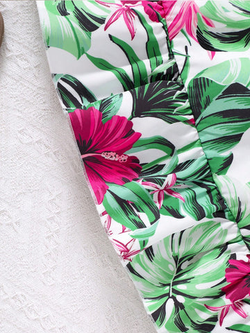 Young Girls' Floral Print Slip Dress With Puff Sleeves, Vacation Style, Spring/Summer