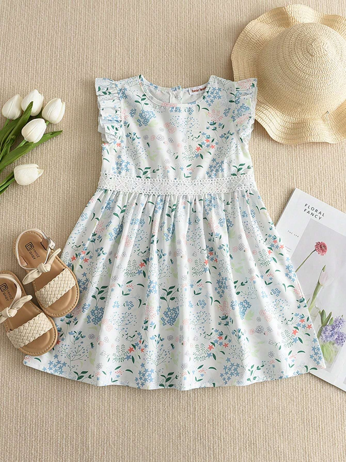 Young Girl's Floral Print Splice Lace Hem Flutter Sleeve Dress