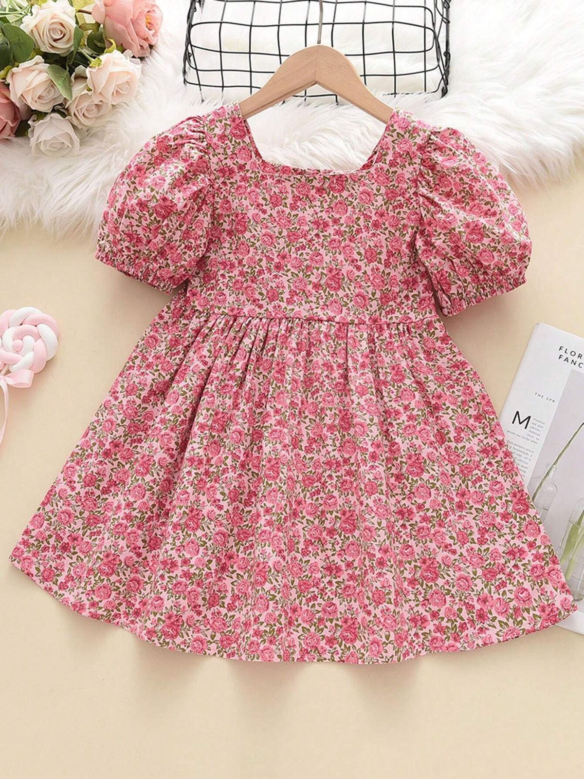 Young Girl's Floral Print Square Neck Short Sleeve Dress, Summer
