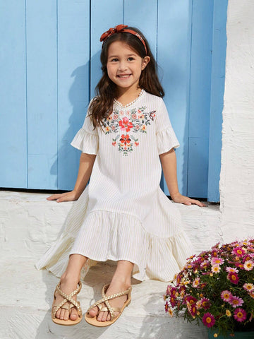 Young Girl's Floral Print Woven V-Neck Loose Casual Dress