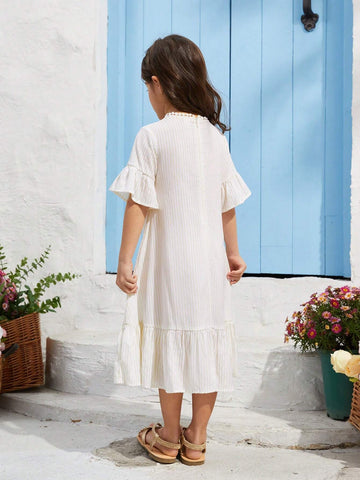 Young Girl's Floral Print Woven V-Neck Loose Casual Dress