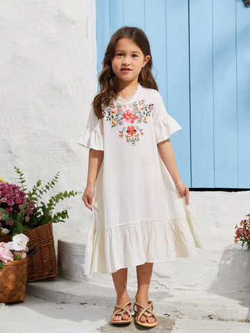 Young Girl's Floral Print Woven V-Neck Loose Casual Dress