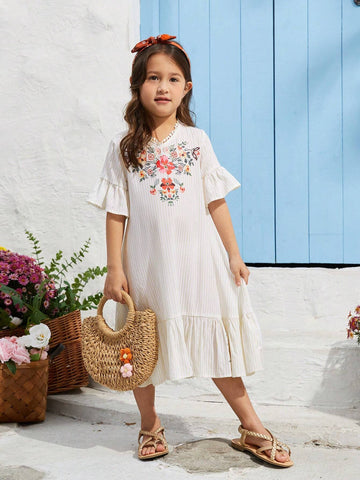 Young Girl's Floral Print Woven V-Neck Loose Casual Dress