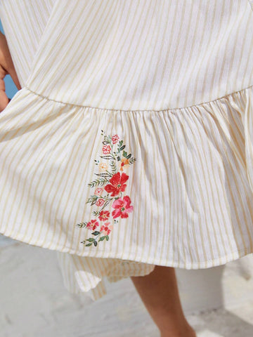 Young Girl's Floral Print Woven V-Neck Loose Casual Dress