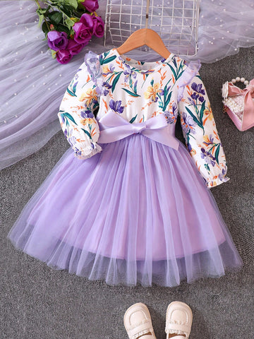 Young Girls Floral Print & Mesh Panel Long Sleeve Dress, Spring/Autumn