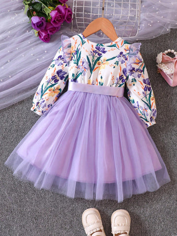 Young Girls Floral Print & Mesh Panel Long Sleeve Dress, Spring/Autumn