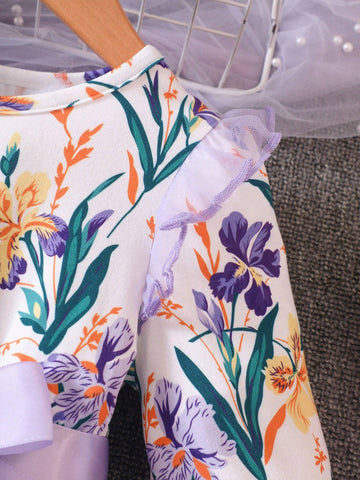 Young Girls Floral Print & Mesh Panel Long Sleeve Dress, Spring/Autumn