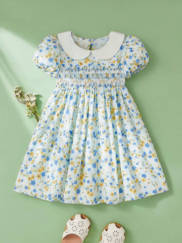 Young Girls" Floral Printed Doll Collar Puff Sleeve Short Sleeve Dress