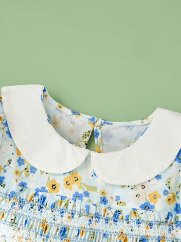 Young Girls" Floral Printed Doll Collar Puff Sleeve Short Sleeve Dress