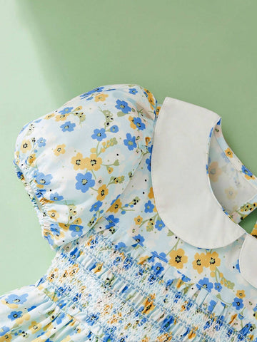 Young Girls" Floral Printed Doll Collar Puff Sleeve Short Sleeve Dress