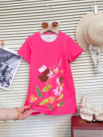Young Girls' Floral Printed Dress, Cute And Suitable For Daily Wear, Leisure Or , Summer